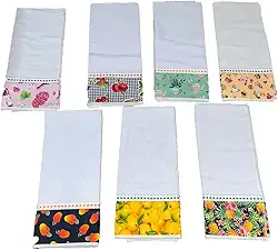 Kit 7 Peças Pano de Prato em Algodão, Branco com Barrado Estampado, 50 x 70 cm, Sacaria Pé de Galinha para Cozinha