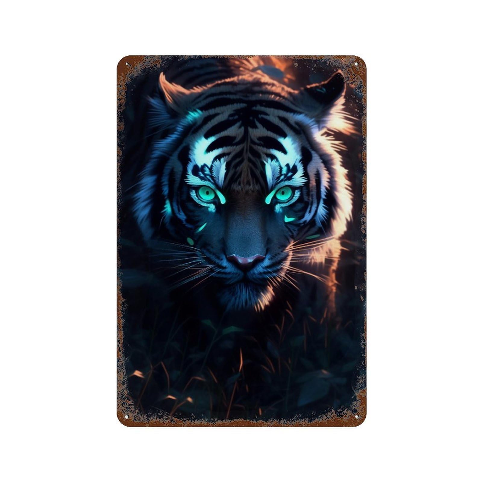 Neon Tiger Eyes Art Print Distressed Metal Wall Sign 11.8"x7.9", Industrial Home Decor for Garage, Pub Or Kitchen