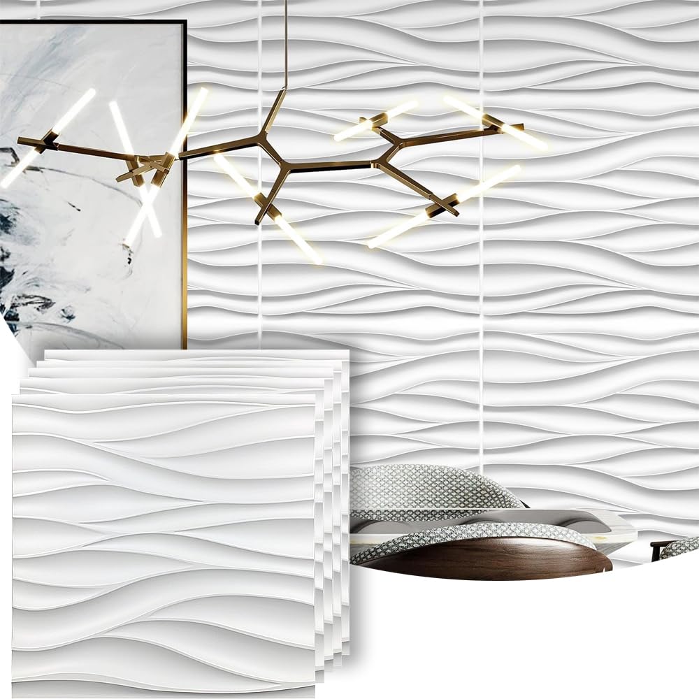Exrp Wave Wall Panels for Interior Wall Decor, White 3D Wall Panels Peel and Stick, Paintable 3D Wall Decor Covering Panels for Living Room Bedroom, Pack of 12