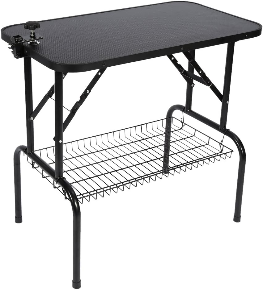 Estink Pet Dog Cat Grooming Table,32" Adjustable Heavy Duty Stainless Steel Foldable Pet Table Waterproof Desk Mesh Tray with Arm/Noose