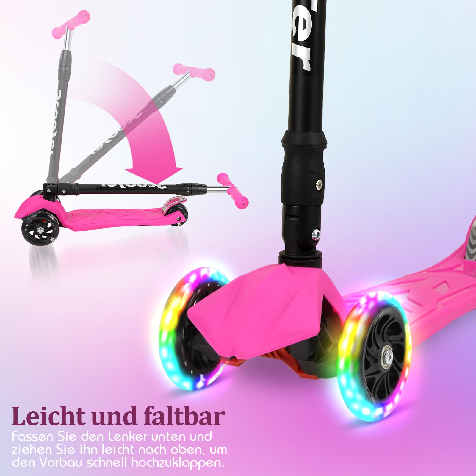 Fiqops Trottinette pour Enfants de 3 à 12 Ans, avec 4 hauteurs réglables, Roues Lumineuses LED, Pliable, Facile à diriger, Freins arrière, Trottinette de Ville pour Enfants