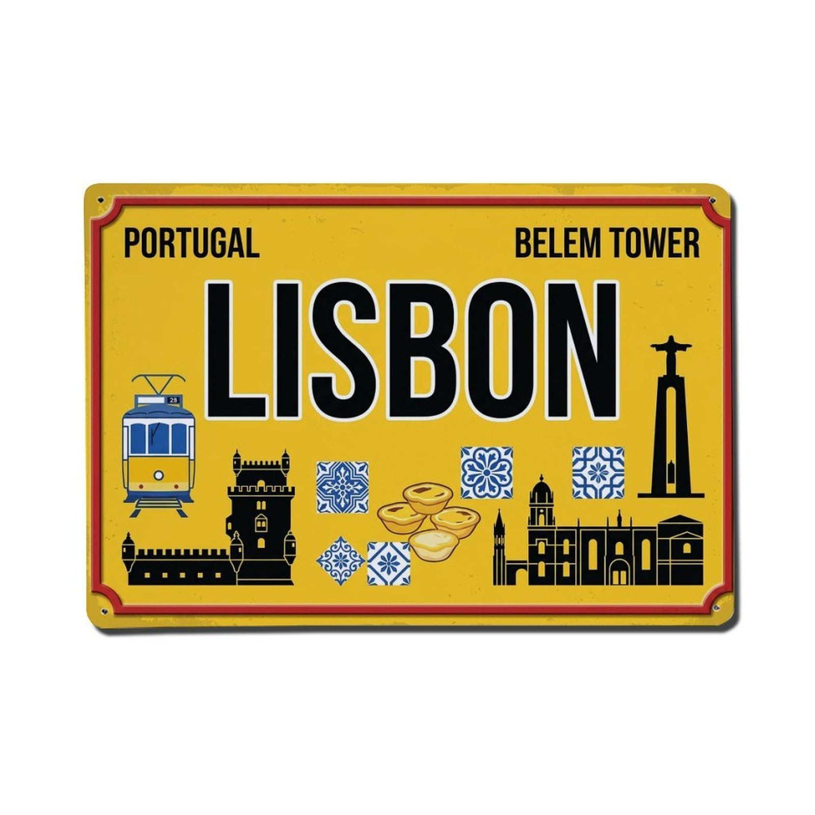 Xanthor Style Vintage Travel Lisbon Portugal Tram Tower Pasteis Metal Tin Sign