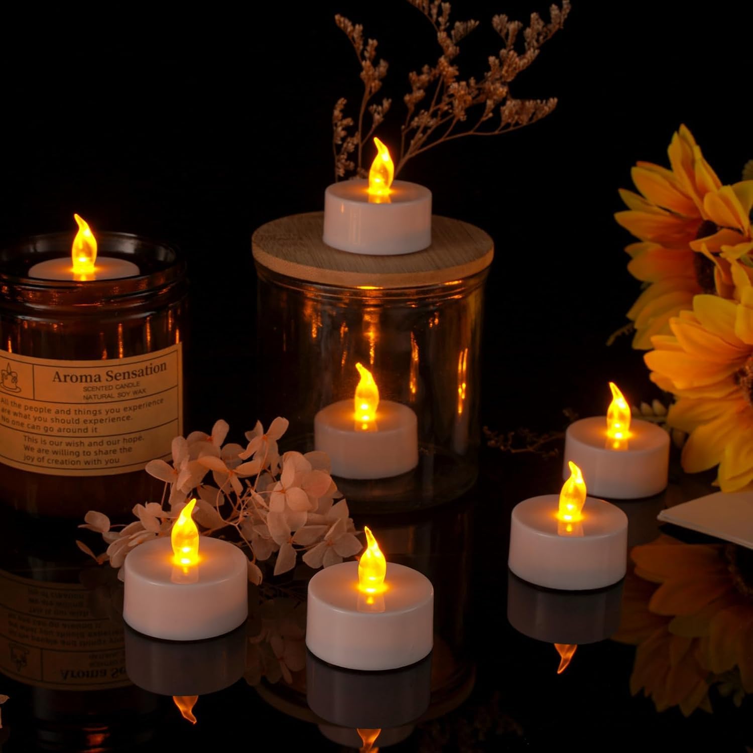 PUNPUBA Lot de 12 bougies chauffe-plat LED sans flamme à piles réalistes et lumineuses - Cadeau de vacances longue durée de 200 heures pour les fêtes et les fêtes - Jaune chaud