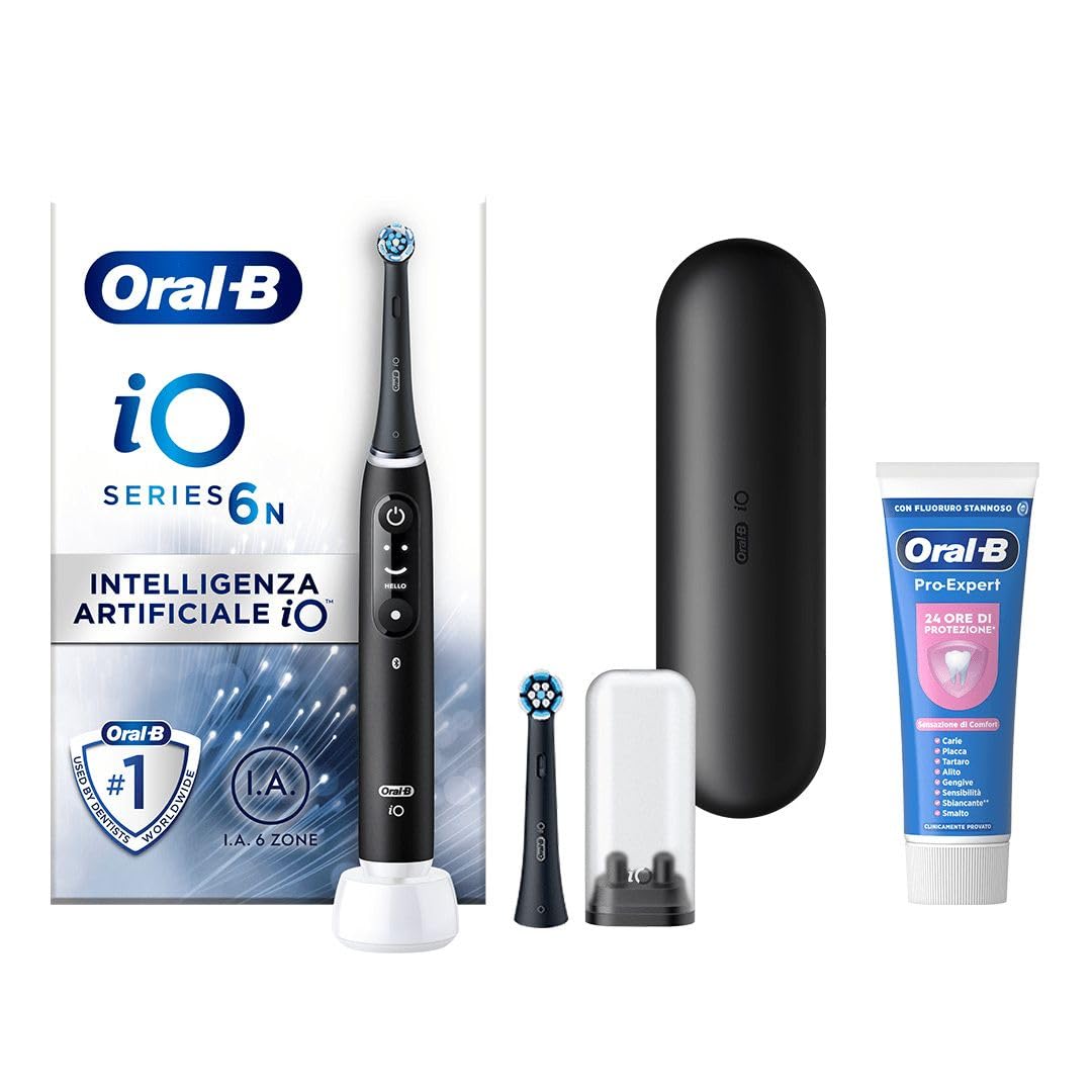 Oral-B Rechargeable Electric Toothbrush iO 6N Black, 1 Electric Toothbrush, 2 Replacement Heads, Travel Case + 1 Oral-B Pro Expert Sensitivity, Effective Teeth Cleaning
