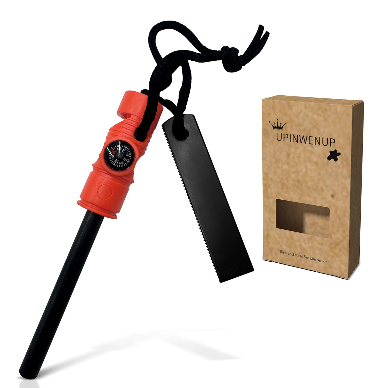 UPINWENUP 3-in-1 Fire Starter Kit with Compass, Whistle, Magnesium Rod, Steel Scraper for Camping, Hiking, Outdoor Survival