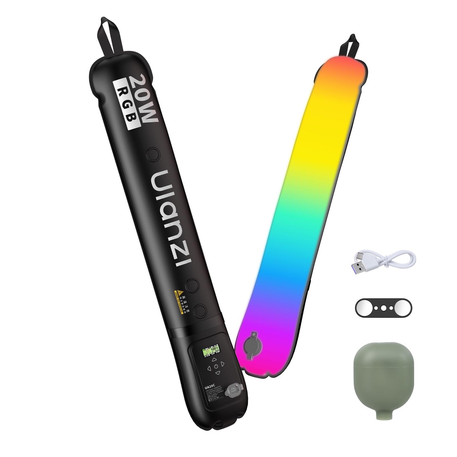 ULANZI UA20C Lampe Tube à air, Lumiere Photo Portable RGB 20W, Lampe vidéo magnétique à intensité Variable 1800-10000K avec IRC 95+, 12 Modes scène, LED Photo Gonflable Rechargeable 2500mAh