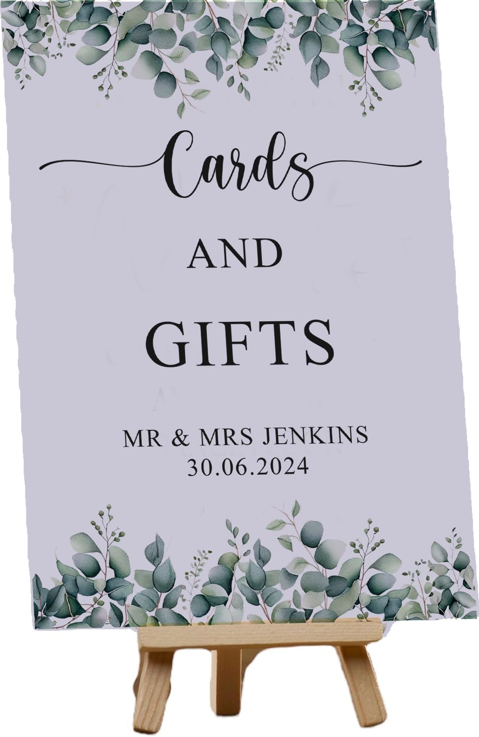 Personalised Wedding Gifts and Cards Sign, Customised with Eucalyptus (Personalised Card and Easel)