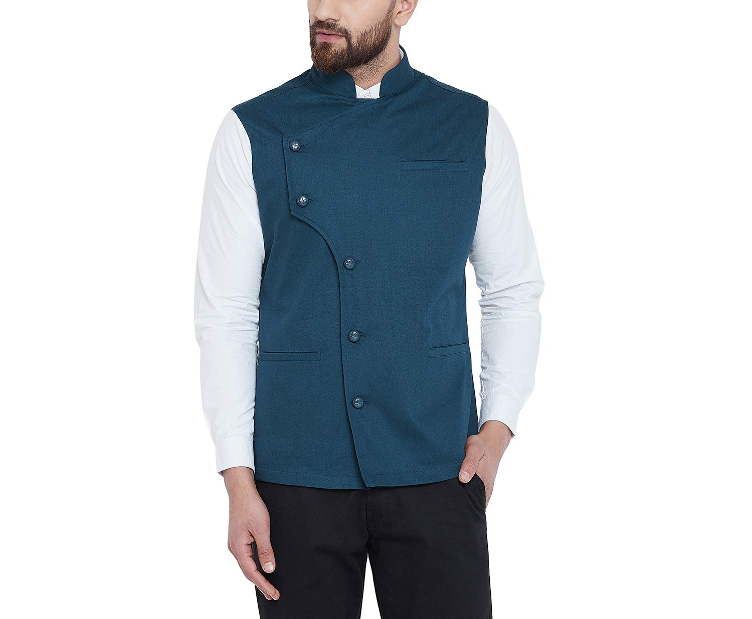 HYPERNATION Teal Blue Color Cotton Waistcoat for Men(HYPM02478)