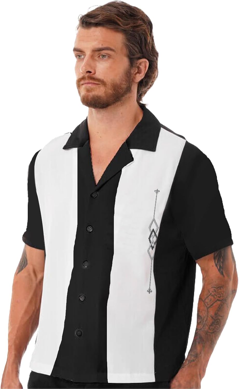 Lucky Paradise Mens Camp Shirt, Vintage Cuban Style Bowling Shirt Black with White Gauyabera Hawaiian ~ Zacardi