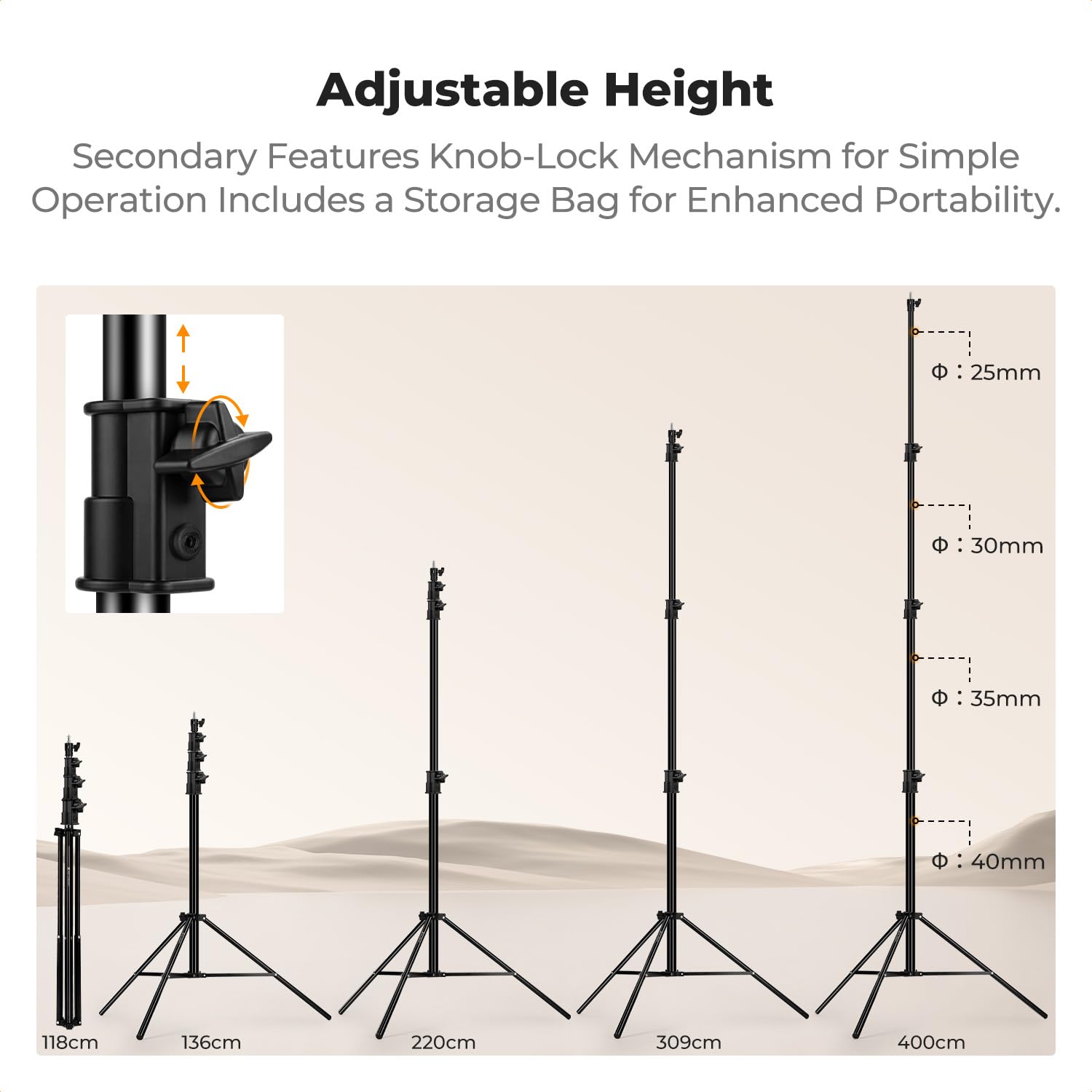 K&F CONCEPT Soporte de Luz de 4 m con Amortiguación de Aire, Trípode Metálico Resistente Carga 6 kg, Incluye Adaptador 3/8" y Bolsa, para Ring Light, Reflector y Vídeo