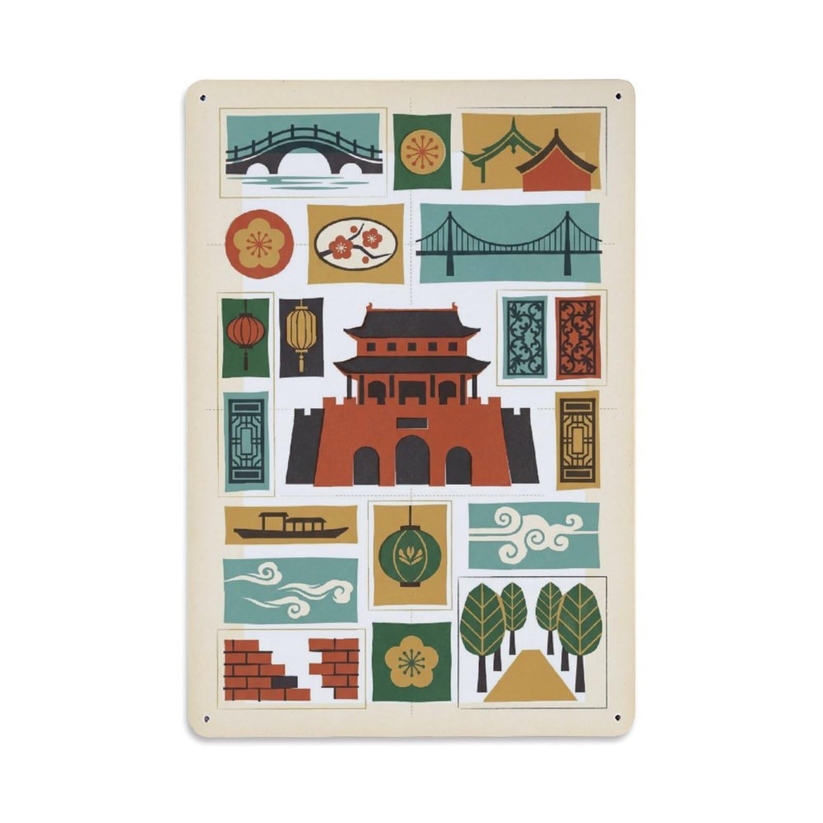 Okngb Style Nanjing Cityscape Classic Chinese Landmark Icons Mosaic Metal Tin Sign Plaque Wall Decor For Cafe, Man Cave, Club Bar, Office, Home Garden Round Metal Poster 8X12inch