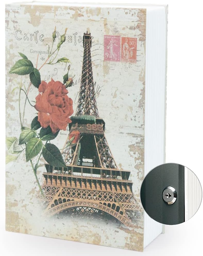 Diversion Book Safe Storage Box (9.5"×6"×2.2"), Dictionary Secret Safe Can with Security Key Lock, Diversion Book Hidden Safe (Paris,Key)