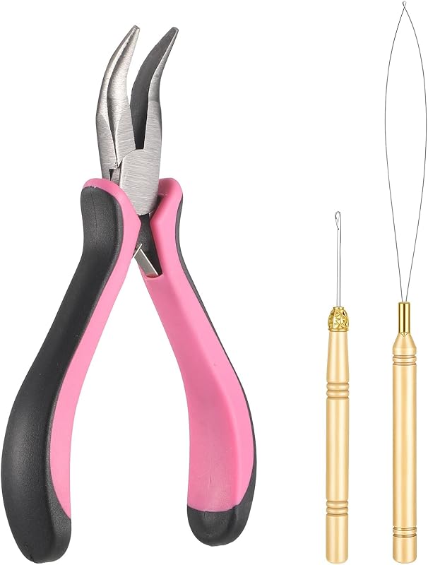 Hair Extension Pliers with Bead Applicators & Pulling Hook | 3 Pcs Pink Hair Extension Tools Mini Plier for Micro Link Nano Ring Extensions Opener and Removal Tool No-Slip Grip Pliers