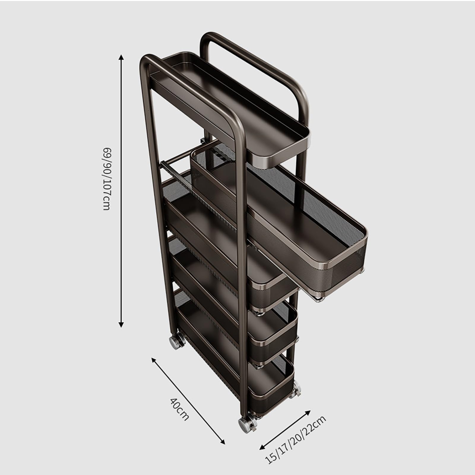 Carrito Estrecho con Ruedas, Organizador de Acero al Carbono para Cocina y Baño, Carro Auxiliar de Almacenaje Multiuso con Ruedas Bloqueables, Estantería Móvil(Wit,40x10x107cm)