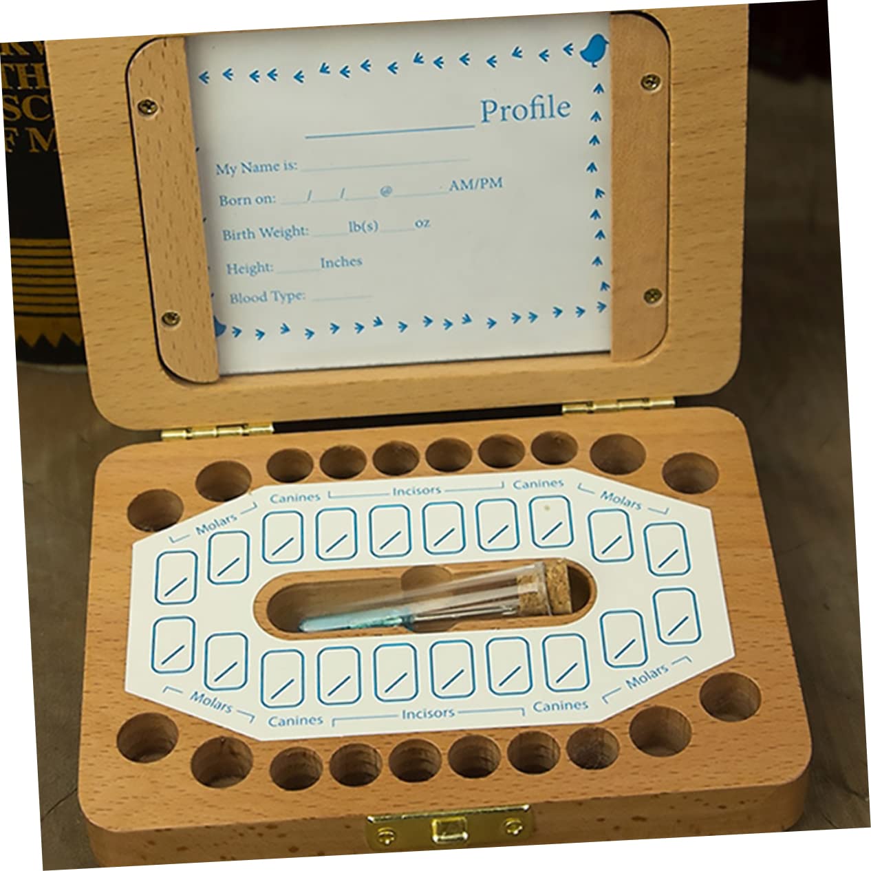 Caja para Dientes de Leche de Madera 1 Juego para Bebés | Incluye Stickers, Guarda Fotos de Ñiño y Datos de Nacimiento, Espacio para Pelo Fetal, Formato Infantil