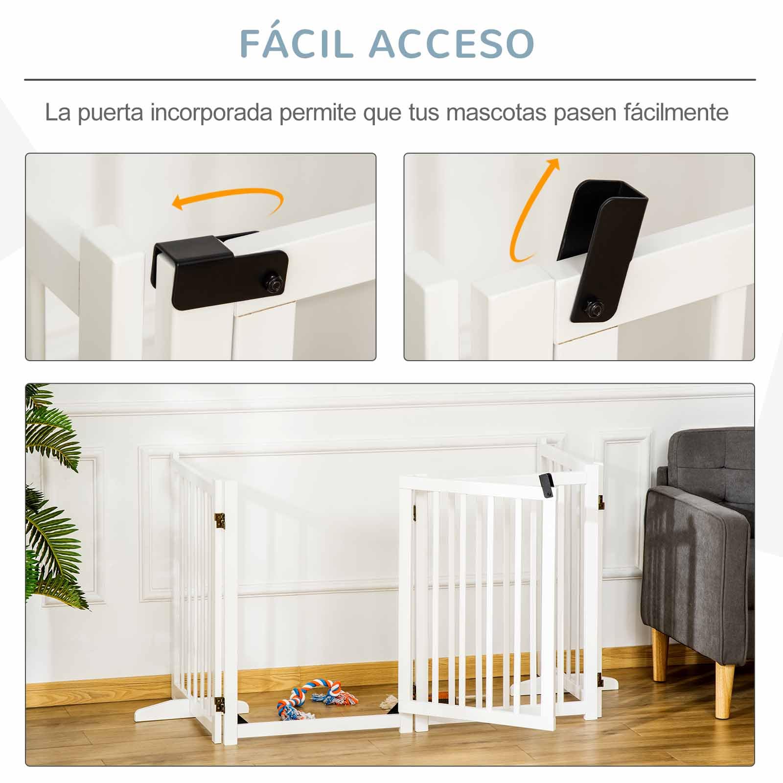 PawHut Barrera para Perros Plegable 4 Paneles Puerta 237,5x36x80 cm Blanco | Valla para Perros Pequeños y Medianos, Barrera de Seguridad de Madera, para Escaleras Pasillos