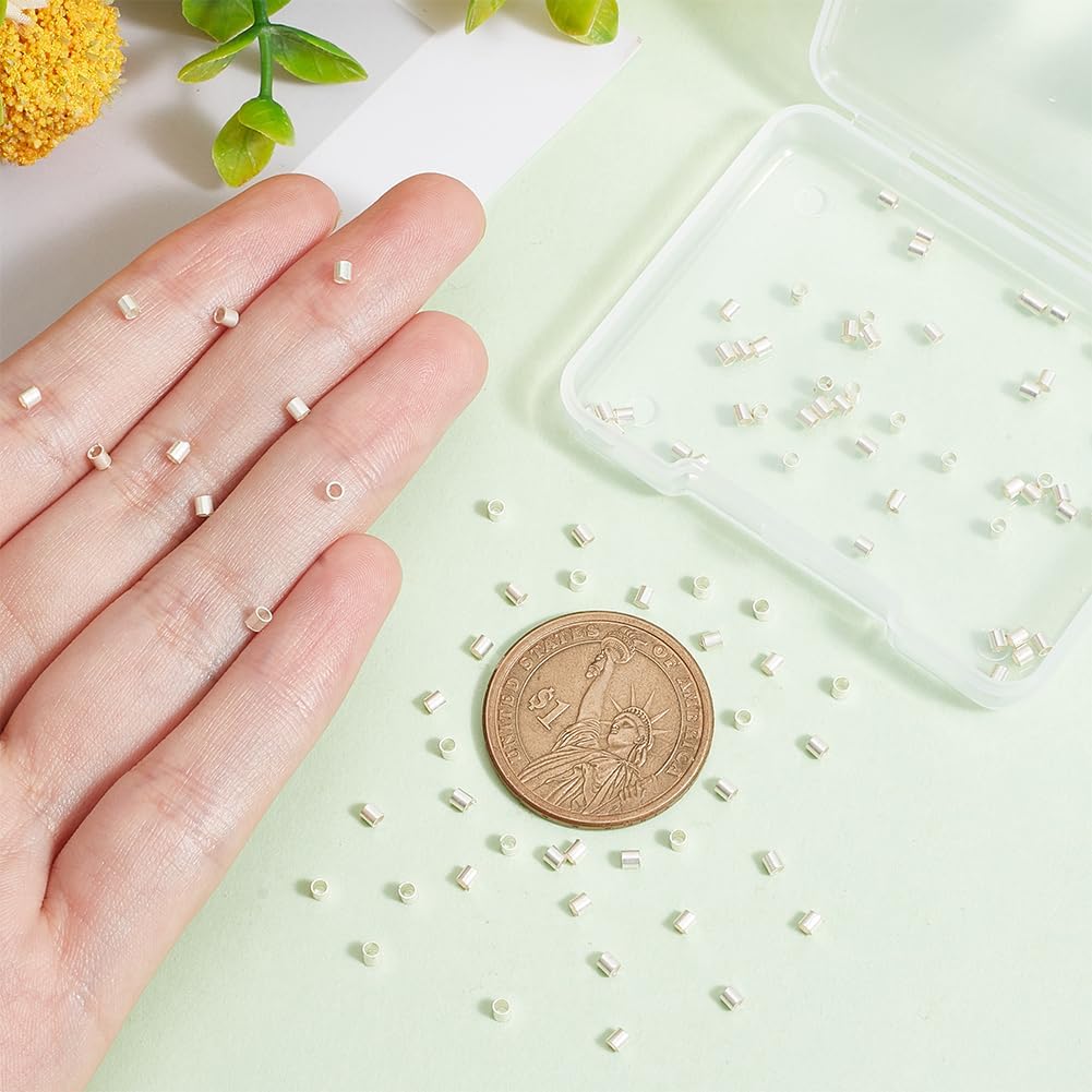 BENECREAT 100Pcs 925 Sterling Silver Crimp Beads, 2x2mm Tube Spacer Beads for Jewelry Making Findings, Hole: 1.4mm