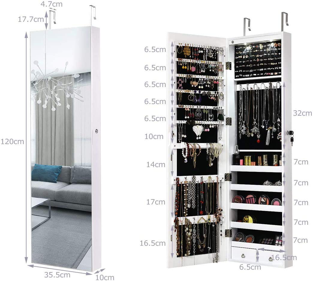 RELAX4LIFE Schmuckschrank Hängend, Spiegelschrank mit LED-Beleuchtung & Spiegel & Schloß, Schmuckorganizer für Ohrring & Armband & Kette & Ring & Kosmetik, Tür- & Wandmontage, 120x35,5x10cm (Weiß)