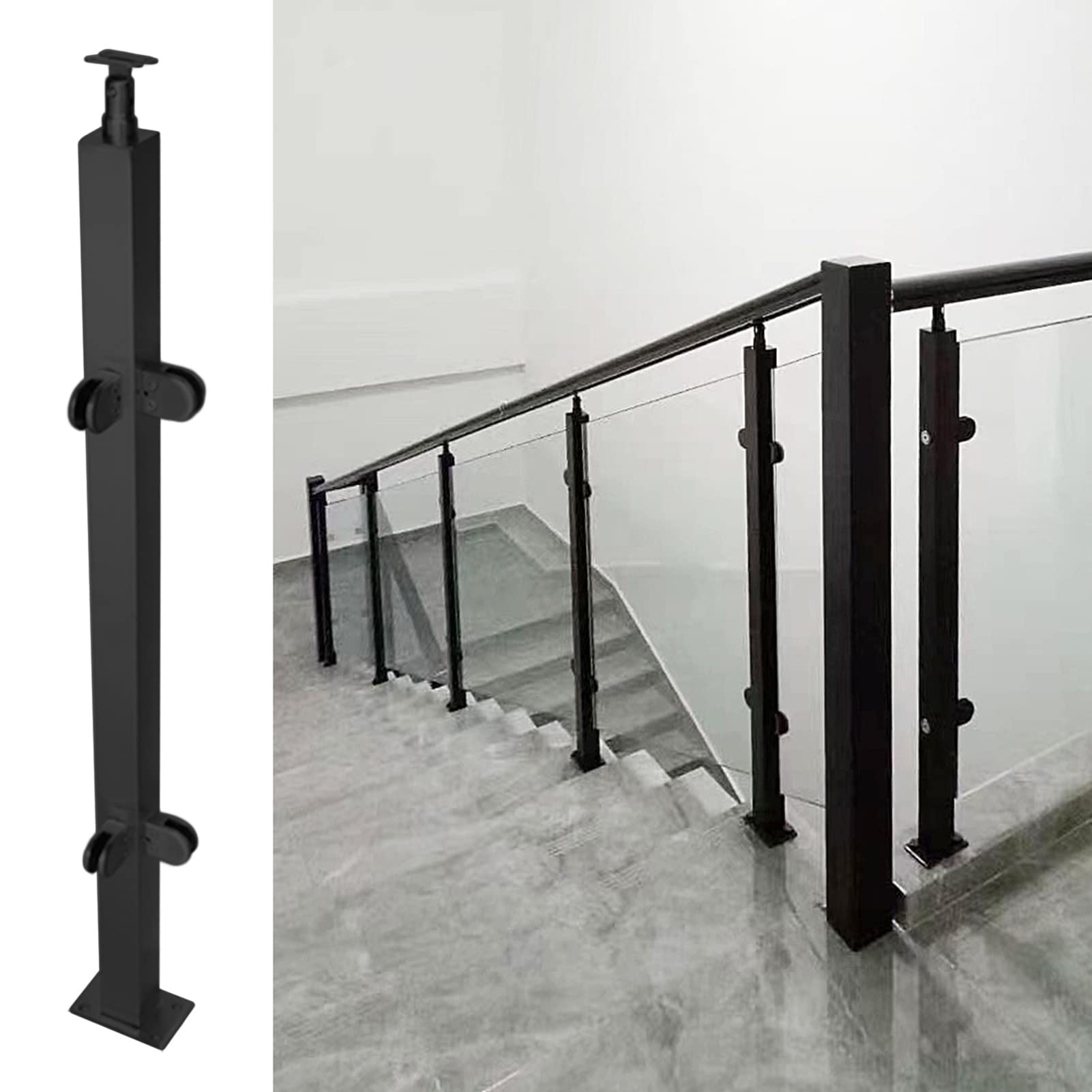 YNBSHGAA Black Glass Railing Post for Stairs, 95cm Mid Post for Decks & Pool Fencing, Durable Steel Balustrade Support, Ideal for Modern Staircases & Terraces