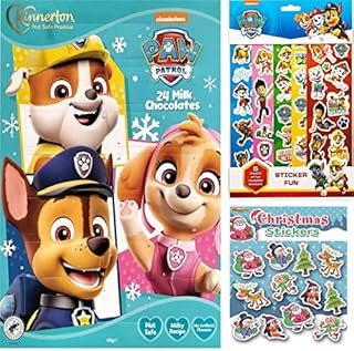 Paw Patrol Kids Chocolate Advent Calendar Christmas 2022 - 24 Milk Chocolates + 5 Sheets of Stickers + Peel off Xmas themed images sheet (Bundle)