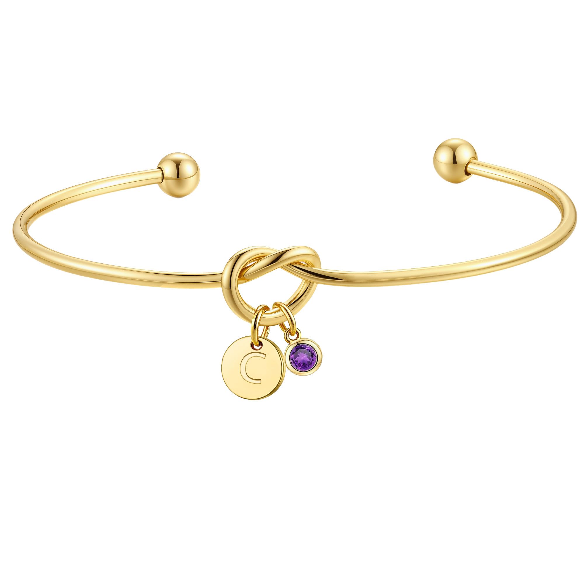 Turandoss Easter Basket Stuffers for Women, Dainty 14K Gold Plated 12 Months Disc Initial A-Z Birthstone Heart Knot Bangle Bracelet Birthday