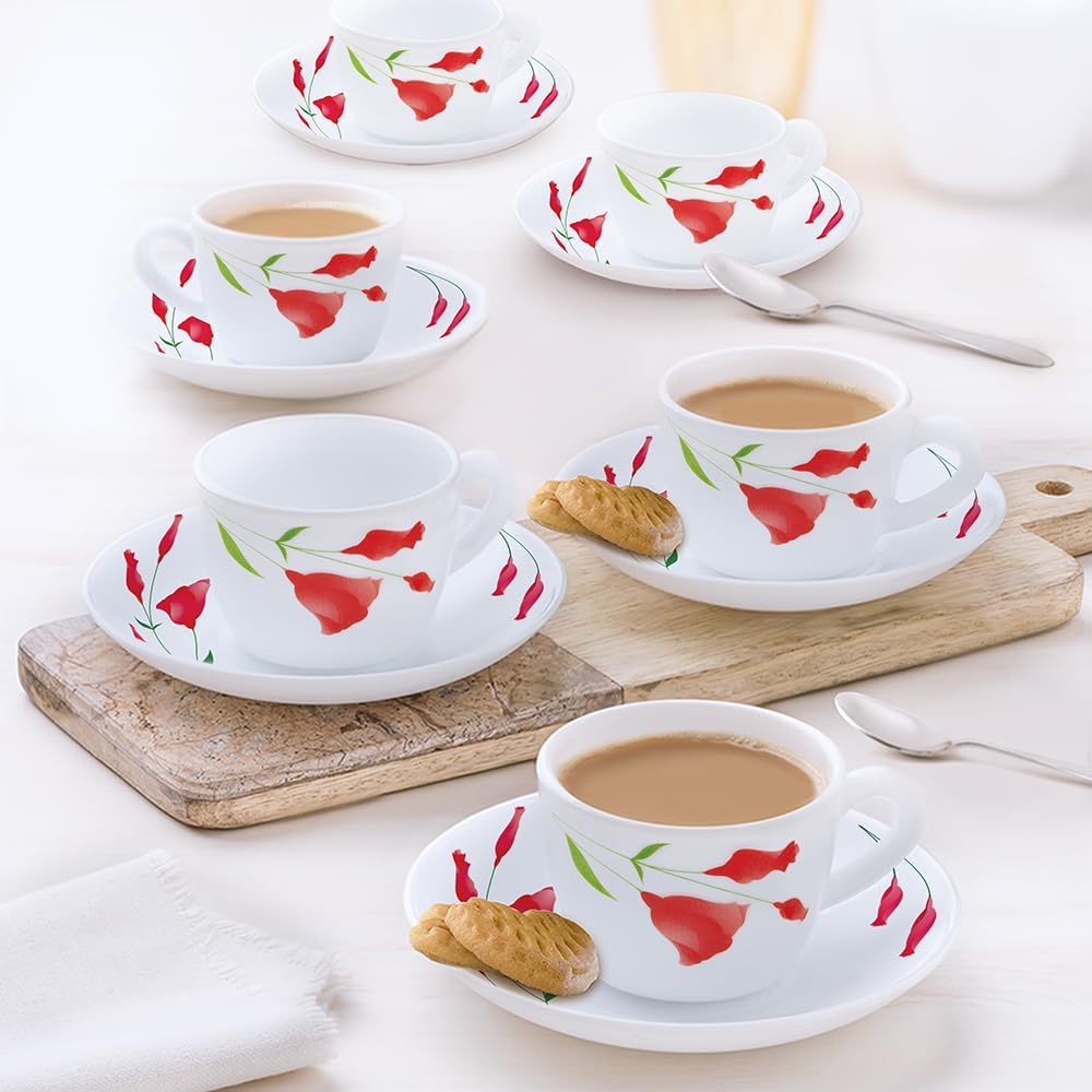 Larah by Borosil Diana (LH) Cup and Saucer Set, 140ml, 12-Pieces, White