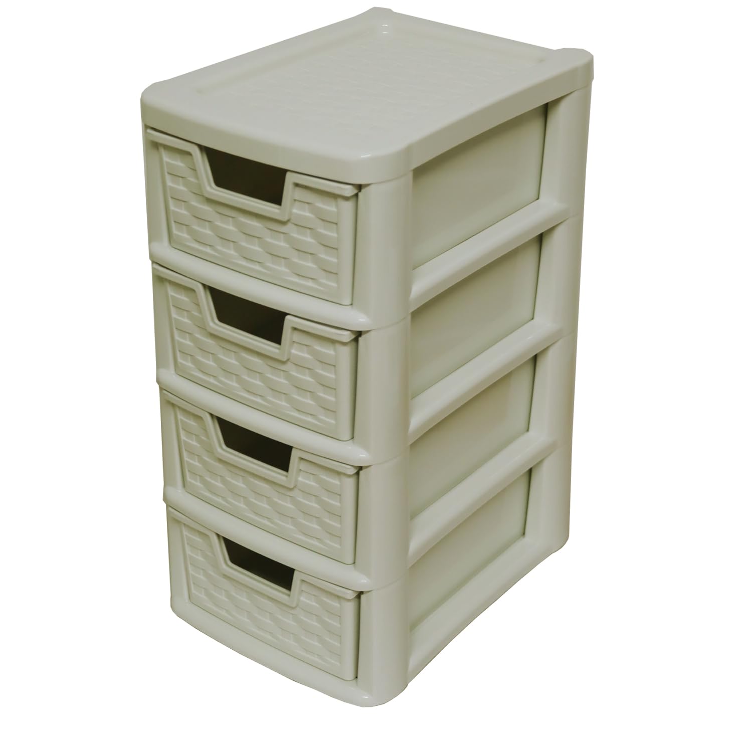 SIDSONS 4 Drawer Plastic Storage Drawer Unit Tiny Tower Rattan Effect Tower Unit Cream Drawers Any Room, Bathroom, Bedroom, Home Office/Study, Kitchen, Living Room Storage Organizer Rack 4 Tier