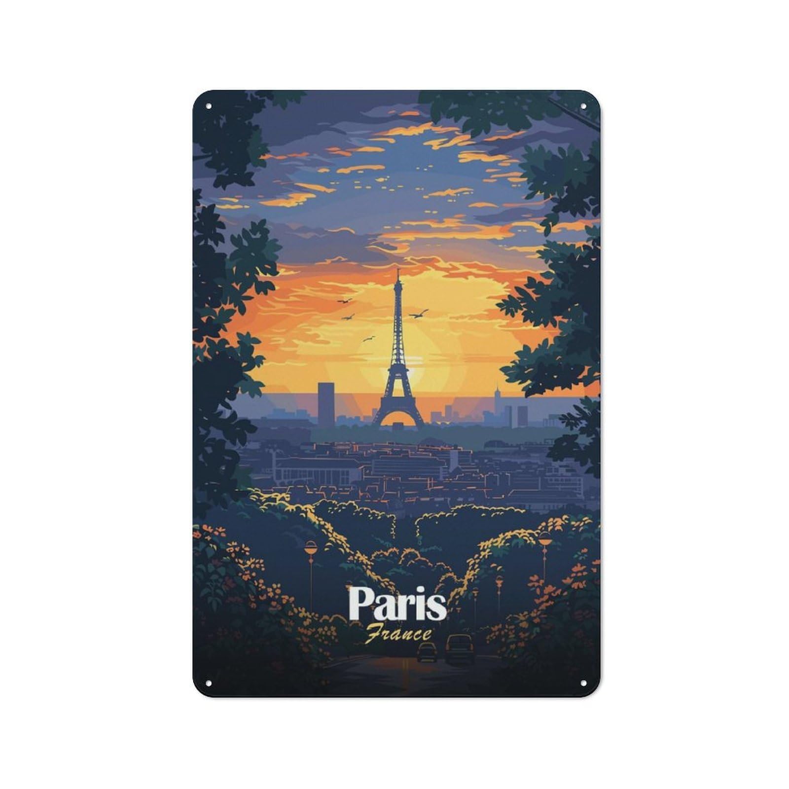 Vintage Paris Sunset Skyline Metal Plaque 30x20cm, Diner Style Decor for Bakery, Diner, Cafe Or Family Room