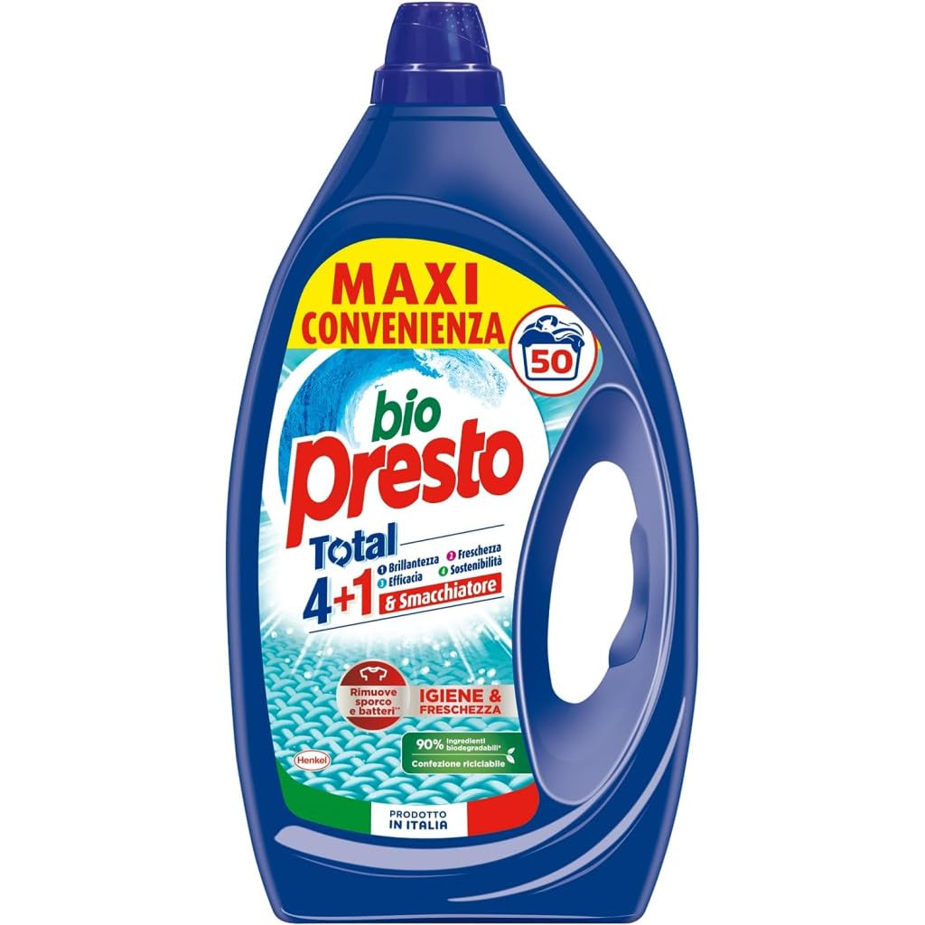 Lot de 4 lessives bio Presto Detersivo Liquido Bucato Lavatrice Hygiène et fraîcheur – Lessive liquide pour machine à laver – 50 lavages 2250 ml + porte-clés Beni Culinari
