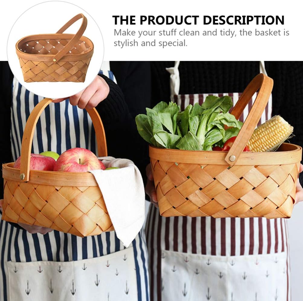 ABOOFAN Wooden Woven Basket Portable Picnic Basket with Handle for Easy Carrying Home Kitchen Vegetables Container 11.02 X 8.66 X 4.72 Inches