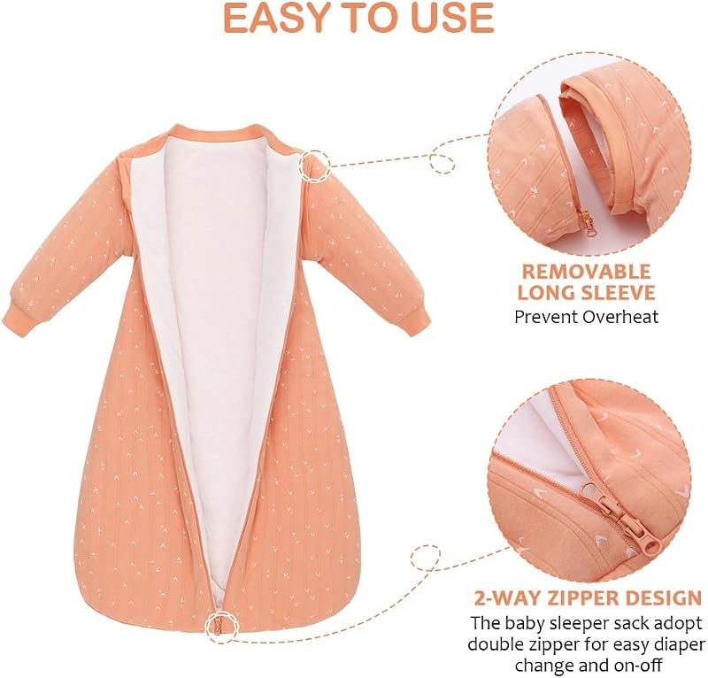 amo nenes Baba Hálózsák 2.5 TOG - 100% Pamut Téli Hálózsák Levehető Ujjakkal, 72 cm, 0-6 Hónapos Babáknak, Narancssárga