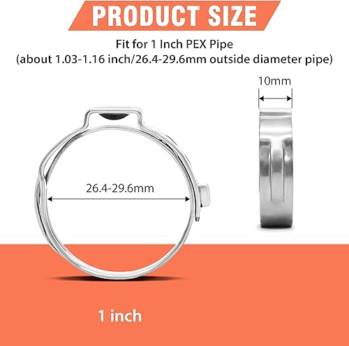 Miniatura 3 de 60 piezas de anillos de abrazaderas de cincha PEX de 1 pulgada, abrazaderas de manguera de una oreja de acero inoxidable 304, anillos de crimpado