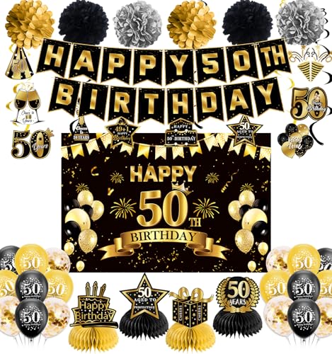 Image of Pre-Strung 50th Birthday Decorations for Men Women | Pre-Strung Black Gold Happy Birthday Banner with Balloons, Backdrop, Honeycomb Centerpieces, Hanging Swirl Streamers