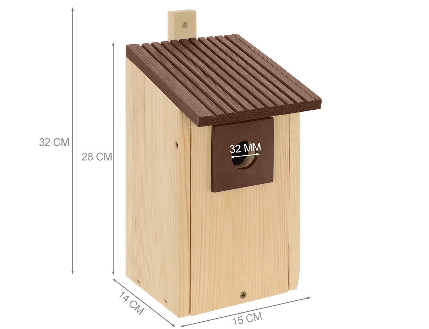 Nido de madera B20-NPx4, nido de madera, caseta para pájaros, nido de madera natural, resistente a la intemperie, construcción de madera maciza, decoración para jardín, +marrón