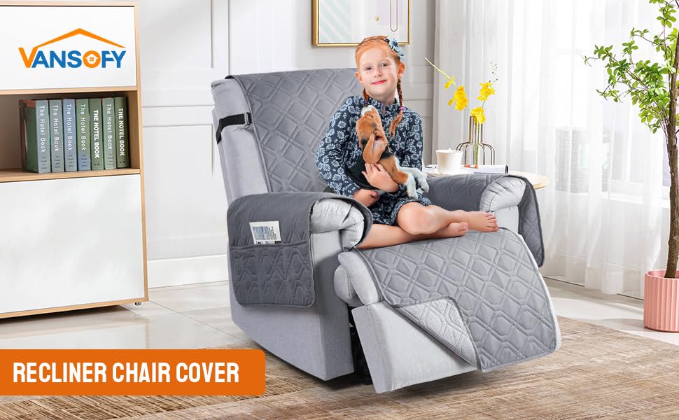 Image of VANSOFY 100% Waterproof Recliner Chair Covers, Recliner Cover Non-Slip Dog Chair Cover Furniture Protector Washable Slipcover with Pocket, Elastic Straps for Pets, Dogs(Light Gray, 28 inch)