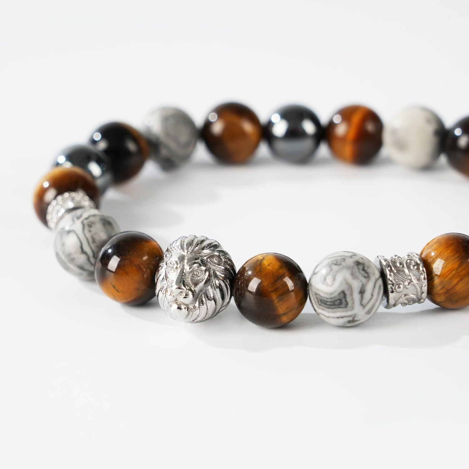 Men's Beaded Bracelet, 10MM Elastic Adjustable Natural Gemstone Bracelet with Stainless Steel Lion Head, Symbolizing Courage & Strength, Gift for Men, Anniversary, Thanksgiving, Christmas, Lapis Lazuli/Map Stone/Terahertz/Hematite/Tiger Eye/Black Onyx/Snowflake Obsidian - Image 4