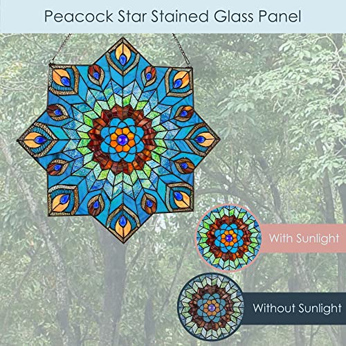 River Of Goods Peacock Star 24 Inch High Stained Glass Suncatcher Window Panel, Teal #TOP3