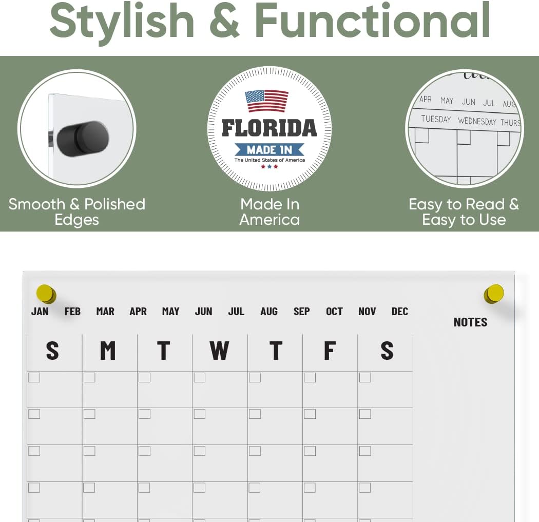 Dry Erase Acrylic Calendar for Wall | White board Calendar | Large Clear Glass Calendar Alternative | Non Magnetic Board | Reusable Monthly Planner Family Calendar (Clear Acrylic, 18x24)