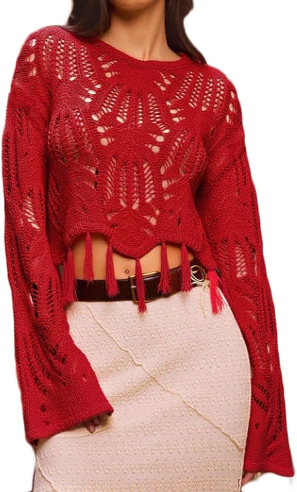 Women Boho Crew Neck Crochet Knit Fringe Hem Crop Sweater Drop Shoulder Long Sleeve Hollow Out Pullover Jumper