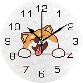 Hapuxt Wall Clock Silent Non Ticking Cute Cartoon Corgi Shiba Smiling Fashionable Decorative Battery Operated Round Clock for Bedroom Office School Home Living Room,Â 10 Inch