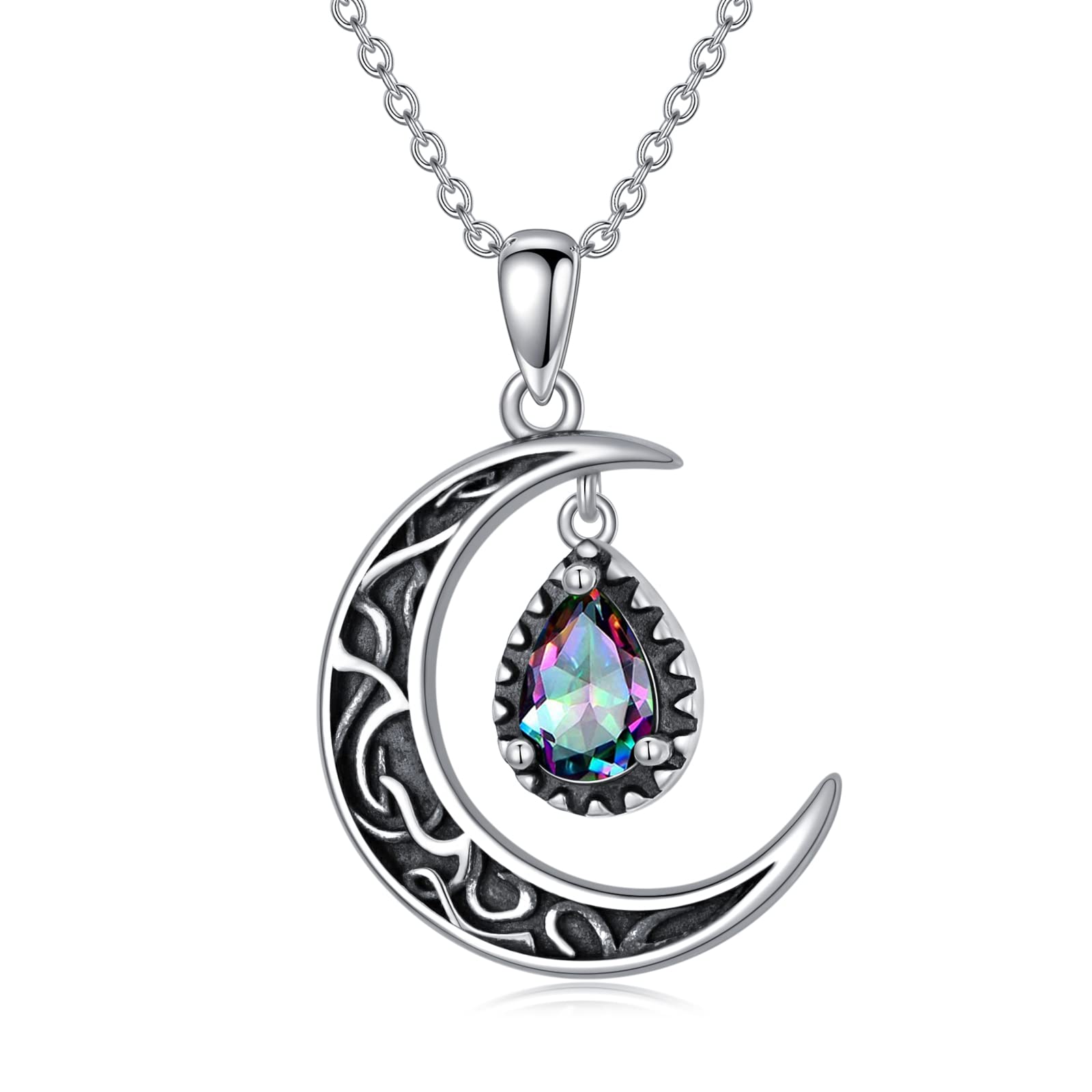 VONALA Crescent Moon Necklace Sterling Silver Emerald/Red/Purple/Black/Rainbow Topaz/Green/Aquamarine/Blue/Moss Agate Celtic Moon Teardrop Necklace