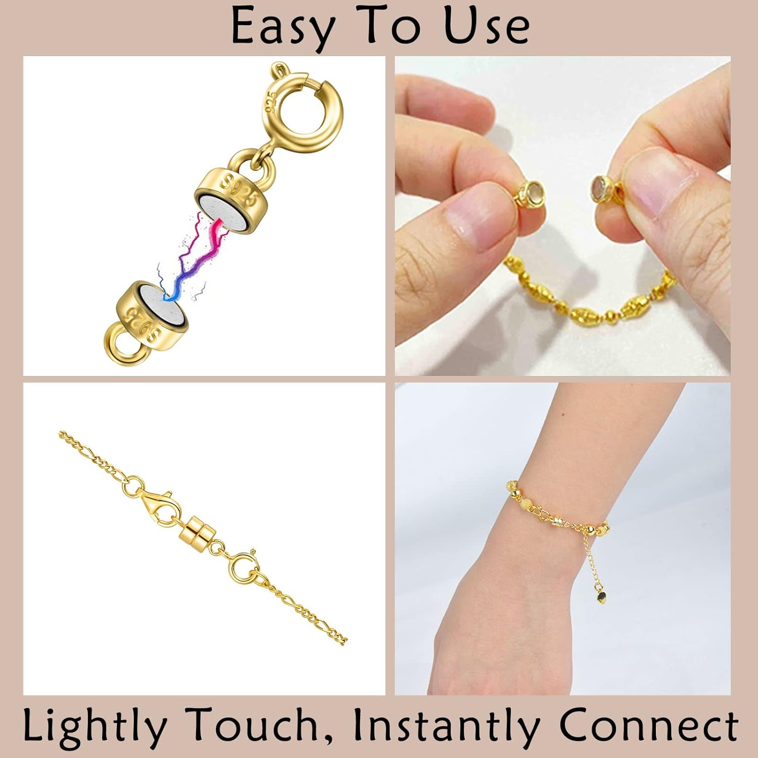 OHINGLT 14K Gold Plated 925 Sterling Silver Magnetic Necklace Clasps and Closures,Gold and Silver Bracelet Clasp Converter for Jewelry Making Supplies,Chain Extender Connector for Bracelet
