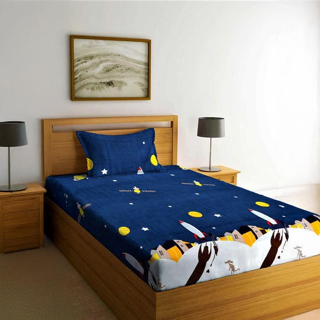 PrettyKrafts Cotton Blended Single Bedsheet with 1 Pillow Cover | 140 TC Bedsheet for Single Bed Cotton | Single Bedsheet, Diwan Bedsheet (Space Ship Print, 60x90 Inch, Multicolor)