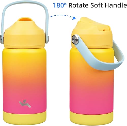 Miniatura 6 de Botella de agua aislada con tapa de pajilla, botella de metal al vacío de acero inoxidable de 12 onzas con mango de silicona, arcoíris