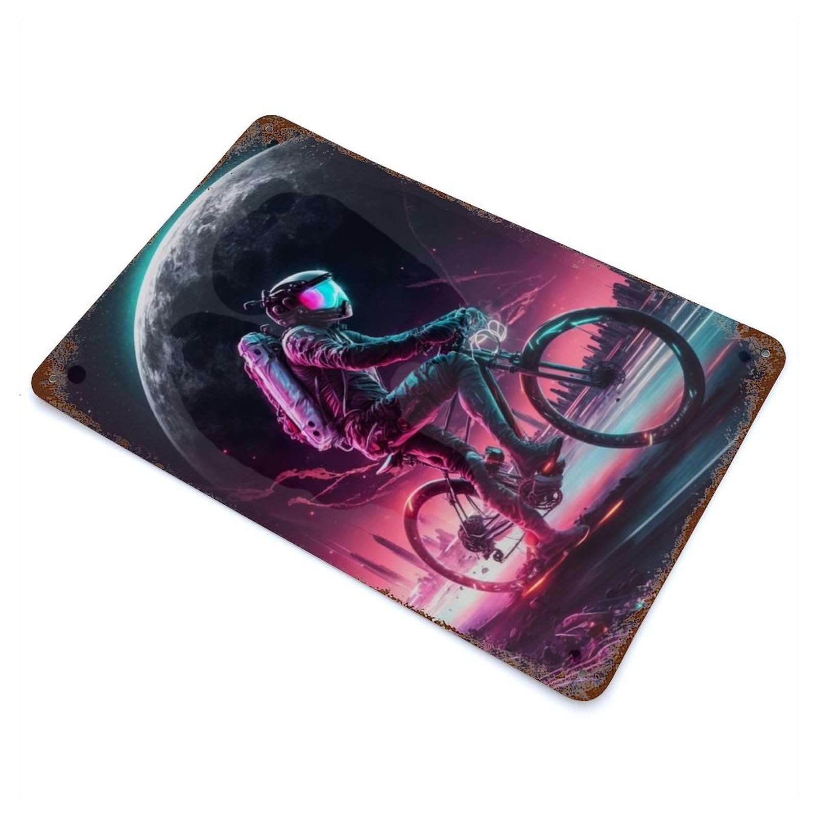 Garage Style Astronaut Cycling Space Vintage Rust Metal Sign 11.8"x7.9", Rustic Home Decor for Bar And Workshop