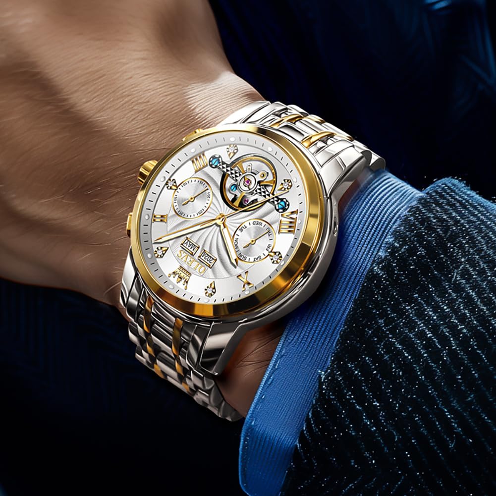 OLEVS Herrenuhren Automatik Mechanische Armbanduhr mit Tourbillon Kalender Wasserdicht Leuchtende Uhren Männer