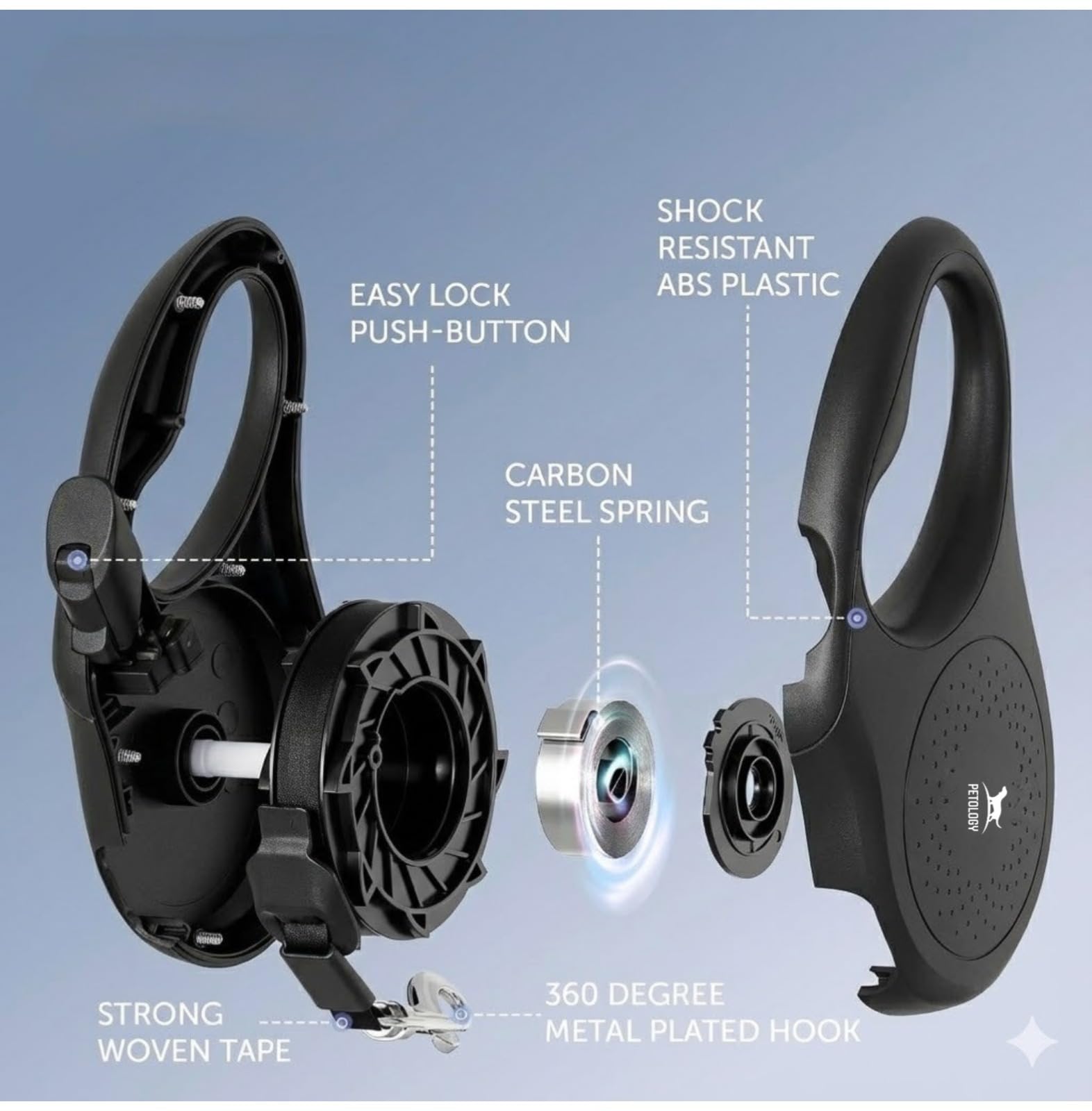 Petology Retractable Dog Leash | 5 Meter (16ft) Nylon Tape | for Dogs Upto 50kgs | Heavy Duty Rope, 360° Tangle-Free, One-Hand Brake & Lock System, Anti-Slip Comfortable Grip 3