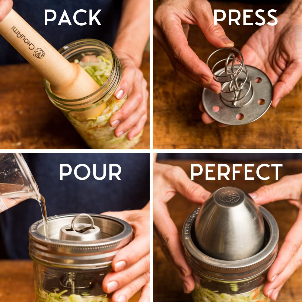 ChouAmi Kit de fermentación de acero inoxidable con esclusa de aire y peso para una fácil fermentación en lotes pequeños de chucrut, kimchi y pepinillos