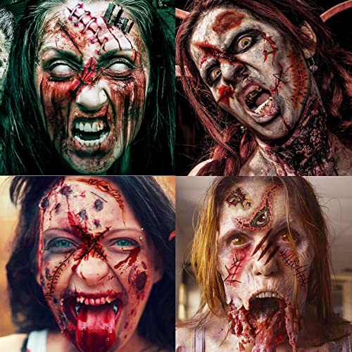 COKTAK 136+ PCS Halloween Fake Scars Temporary Tattoos For Adults Men Women 20 Sheets Zombie Halloween Makeup Kit Kids 3D Realistic Fake Scratches Blood Face Chucky Stitches Tattoos Stickers Wound Cut