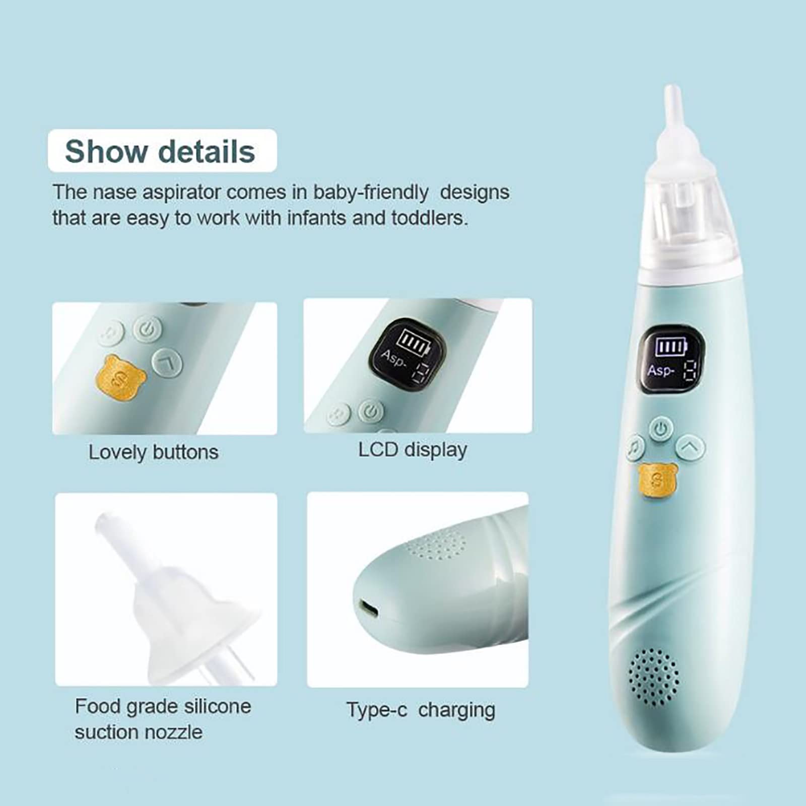 Máquina de Limpieza de Enjuague Nasal Aspirador de Nariz eléctrico para niños pequeños, removedor de mocos con 3 Puntas de Silicona con 3 Niveles de succión (Color : Blue)
